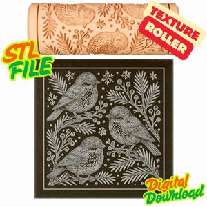 Peut inclure: Un rouleau texturé marron clair avec un motif répété d'oiseaux et de feuillage. En dessous, un carré marron foncé avec une illustration détaillée de trois oiseaux sur des branches. Les mots "STL FILE" et "Digital Download" sont visibles.
