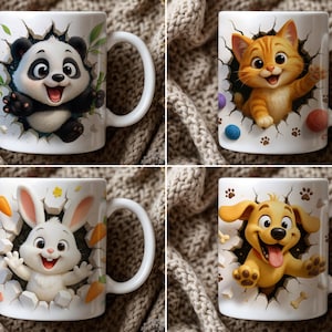 3D Effect Hole In A Wall Funny Animals Mug Wrap, 11 oz Mug Bundle Sublimation Wrap, Instant Digital Download, PNG Template