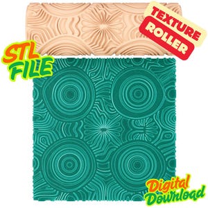 May include: A beige texture roller with a floral and wave pattern is shown above a teal patterned surface. The surface features a repeating circular design. Text on the image reads "STL FILE", "TEXTURE ROLLER", and "Digital Download".