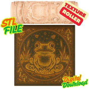 May include: A beige texture roller with a frog design is displayed above a square image of a frog on a lily pad. The square image is framed with botanical elements. The text "STL FILE" and "Digital Download" are visible.