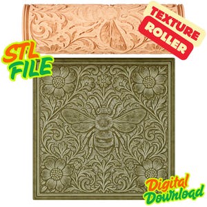 May include: A light brown texture roller with floral and insect designs, and a square tile with a bee and floral pattern. The image includes the text "STL FILE", "TEXTURE ROLLER", and "Digital Download".