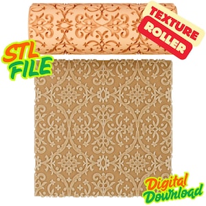 May include: A beige texture roller and a textured rectangular surface with a repeating floral design. The roller is cylindrical. The rectangular surface shows the pattern the roller creates. Text on the image reads "STL FILE", "TEXTURE ROLLER", and "Digital Download".