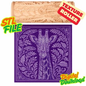 Puede incluir: Un rodillo texturizado beige con un diseño de hojas y el texto "TEXTURE ROLLER". Debajo, un cuadrado morado con una ilustración de jirafa rodeada de elementos florales. También están presentes los textos "STL FILE" y "Digital Download".