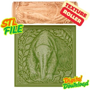 May include: A digital download featuring an anteater design. The image includes a green square with an anteater illustration and the text "Digital Download" and "STL File". A wooden texture roller is also shown with the text "Texture Roller".