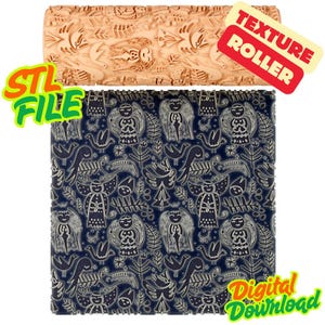May include: Two texture rollers. The top roller is light brown with a carved design of birds, angels, and foliage. The bottom roller is dark blue with a repeating pattern of angels, birds, and leaves. The words "STL FILE" and "Digital Download" are visible.