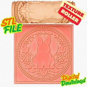 Può includere: Un rullo per texture marrone chiaro e un quadrato color corallo con un disegno di coniglio. Il quadrato ha un bordo floreale circolare e le parole "STL FILE" e "Digital Download" nell'immagine.