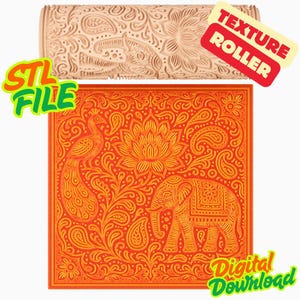 May include: A beige texture roller and a square orange and yellow design with a peacock, elephant, and floral patterns. The text "STL FILE" and "Digital Download" are visible.