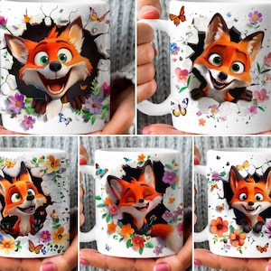 3D Effect Fox Mug Wrap, 11 oz & 15 oz Mug Bundle Sublimation Wrap, Instant Digital Download, PNG Template