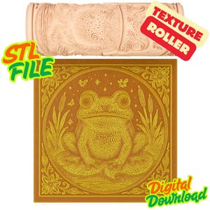 May include: A tan texture roller and a square digital download featuring a frog design. The frog is centered in a circular frame with floral and cattail accents. The text "STL FILE" and "Digital Download" are visible.