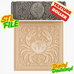 May include: A tan square with a crab design and a gray texture roller with a crab design. The square has a crab, stars, and moon design. The roller has a crab design. Text on the image says "STL FILE", "TEXTURE ROLLER", and "Digital Download".