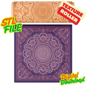 Può includere: Un rullo per texture marrone chiaro con un motivo floreale e il testo "TEXTURE ROLLER". Sotto, un design quadrato viola con il testo "STL FILE" e "Digital Download".