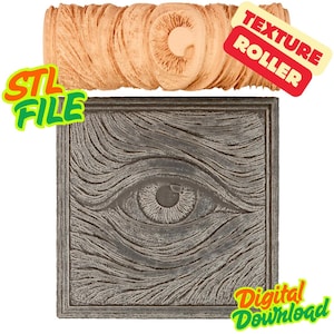 May include: A light brown texture roller and a gray square tile with an eye design. The tile has a textured surface with the text "STL FILE" and "Digital Download". The red text on the roller says "TEXTURE ROLLER".