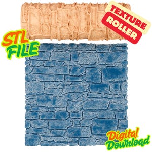 Peut inclure: Un rouleau texturé beige et un motif de mur en pierre bleu sont présentés. Le rouleau est étiqueté "Texture Roller" et le mur en pierre est étiqueté "Digital Download". Les mots "STL File" sont également visibles.