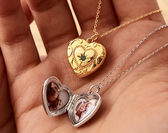 Birthstone Photo Heart Locket, Personalized Engraved Necklace, 14K Gold Anniversary Gift, Memorial Picture Jewelry, Gift for Mom, Mother Day