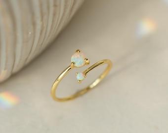 Gold Opal Ring, October Birthstone, Adjustable Gold Open Ring with Double Opals, October Birthday Gift, Opal Jewelry, Gifts for Mom