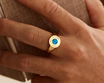Mans Birthstone Ring, Custom Engraved Signet Ring for Dad, Personalized Gold Pinky Ring, Fathers Day Birthday Gift for Him, Anniversary Gift