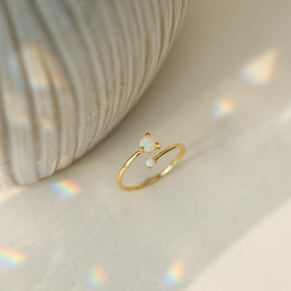 Gold Opal Ring, October Birthstone, Adjustable Gold Open Ring with Double Opals, October Birthday Gift, Opal Jewelry, Gifts for Mom