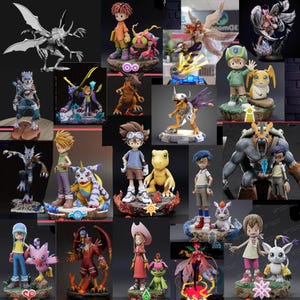 Puede incluir: Una colección de figuras coloridas con personajes de la serie de anime Digimon. Las figuras representan varios Digimon y sus compañeros humanos en poses dinámicas, con esculturas detalladas y pintura vibrante. La colección incluye una variedad de personajes.