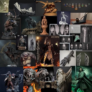 Può includere: Una collezione di statuette e oggetti di scena ispirati al Signore degli Anelli. L'immagine include statue di personaggi, elmi, anelli e altri oggetti della serie fantasy. La tavolozza dei colori è dominata da sfumature di grigio, marrone e oro.