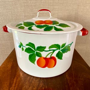 May include: White enamelware pot with a lid, featuring a red handle and accents. The pot is decorated with a vibrant design of green leaves and orange cherries. The pot sits on a wooden surface.