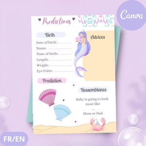 Carte de Prédictions - Jeu Gender Reveal - Thème Sirène - Modifiable Canva - Téléchargement Numérique – FR & EN