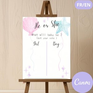 Poster Hij of Zij? – Gender Reveal van een zeemeermin – Bewerkbare Canva-sjabloon – Babyshower – Digitale download – FR & EN