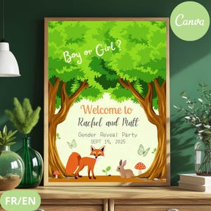 Poster di benvenuto con gli animali della foresta - Modello Canva modificabile - Compleanno, Baby Shower, Rivelazione del sesso - Download digitale - FR e EN