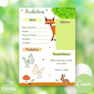 Carte de Prédictions - Jeu Gender Reveal - Thème Forêt - Modifiable Canva - Téléchargement Numérique – FR & EN