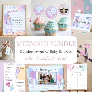 Ensemble Fête Sirène pour Gender Reveal et Baby Shower – Modèle Canva Éditable – Fête Bébé – Téléchargement Numérique – FR & EN