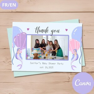 Carte de Remerciement Photo Souvenir – Modifiable Canva – Thème Sirène – Baby Shower, Gender Reveal, Anniversaire –  Numérique – FR & EN