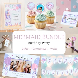 Ensemble Fête Sirène pour Anniversaire – Modèle Canva Éditable – Téléchargement Numérique – FR & EN