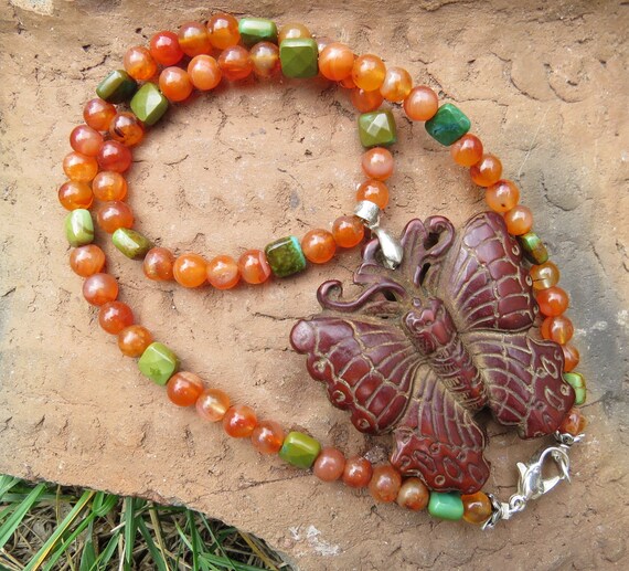 Hand Carved Butterfly Pendant Nepal Necklace Carnelia… Gem