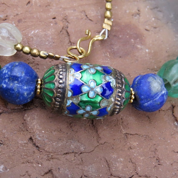 Vintage Chinese Cloisonne Necklace Nepal Tribal Beads & Lapis Carved Accents