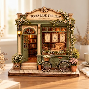 May include: A miniature bookstore model with green wooden walls, a sign reading BOOKS READ THIS YEAR, and three hanging frames displaying the numbers 1, 4, and 5. The scene includes a bicycle, potted flowers, a lit lantern, and an interior library.
