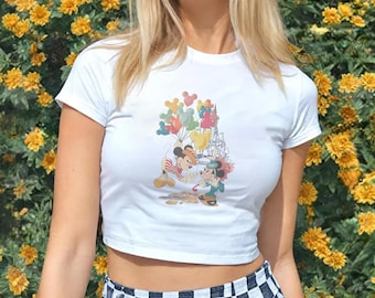 Mickey and Minnie Balloon Baby Tee, Retro Disney T-Shirt, Mickey Balloons Tee, Disney Mickey Mouse Shirt, Disney Crop Top, Baby Tee