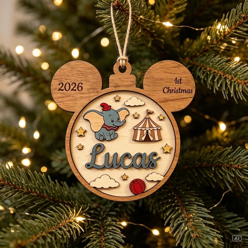May include: A wooden Mickey-shaped Christmas ornament featuring a layered design with the name Lucas, a Dumbo elephant illustration, a circus tent, clouds, stars, a red ball, the year 2026, and the text 1st Christmas, suspended by a twine loop.