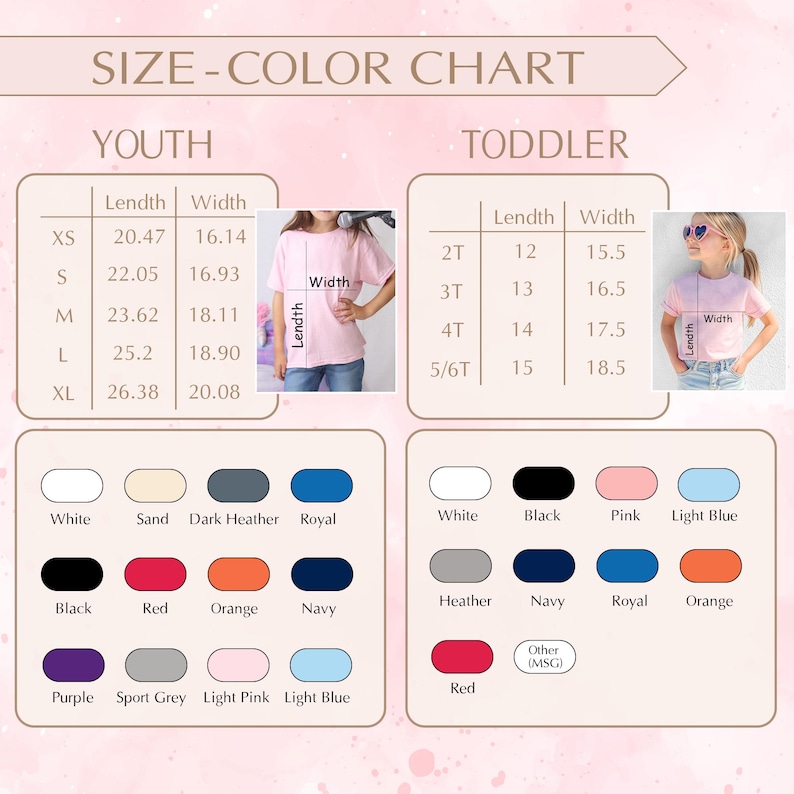 May include: A size and color chart for youth and toddler t-shirts. The chart includes measurements for length and width in inches, and color options such as white, black, and pink. The text "SIZE-COLOR CHART" is at the top.
