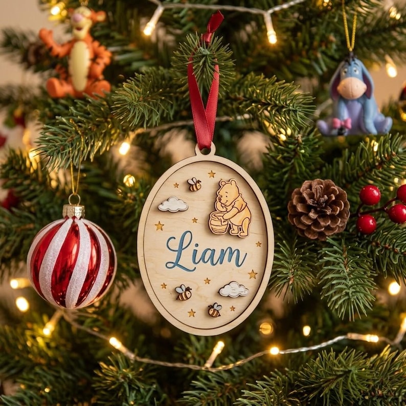 Personalized Disney Pooh Baby Name Ornament, Custom Winnie The Pooh Ornament, Nursery Christmas Tree Decoration, Pooh Wooden Ornament image 2