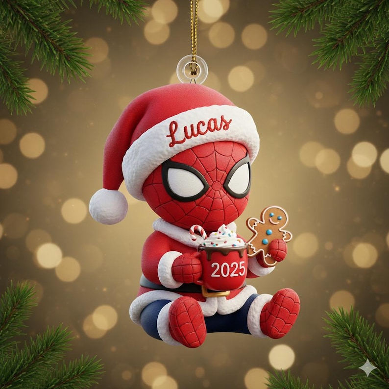 May include: A Christmas ornament featuring a red Spider-Man character wearing a Santa hat with the name "Lucas". The ornament holds a mug with "2025" and a gingerbread man. The ornament is red, white, and blue.