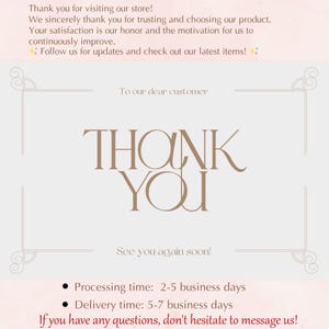 K&ouml;nnte beinhalten: Hellbeige Grafik mit den Worten "THANK YOU" in einer stilisierten Schriftart. Der Text ist mittig auf der Seite platziert, mit dekorativen Verzierungen in den Ecken. Ein Dankesschreiben an den Kunden ist ebenfalls enthalten.