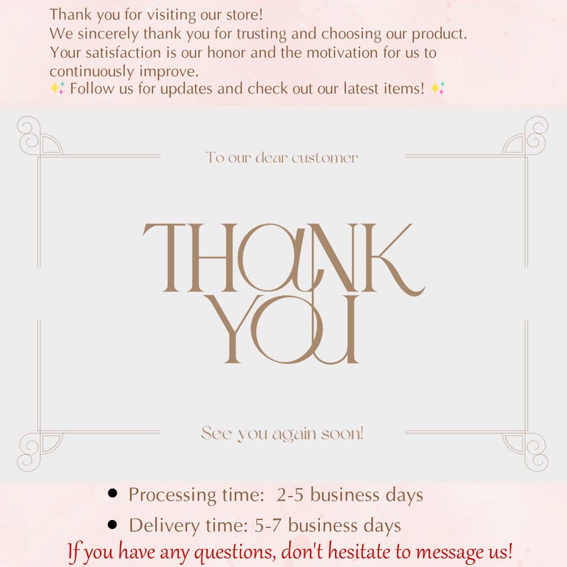 K&ouml;nnte beinhalten: Hellbeige Grafik mit den Worten "THANK YOU" in einer stilisierten Schriftart. Der Text ist mittig auf der Seite platziert, mit dekorativen Verzierungen in den Ecken. Ein Dankesschreiben an den Kunden ist ebenfalls enthalten.