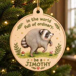 Puede incluir: Un adorno redondo de madera con un mapache pintado sobre hierba verde. El texto dice: "in the world full of ordinary, be a JIMOTHY". El dise&ntilde;o incluye peque&ntilde;as hojas verdes, una seta roja, una flor rosa y un peque&ntilde;o coraz&oacute;n rojo.