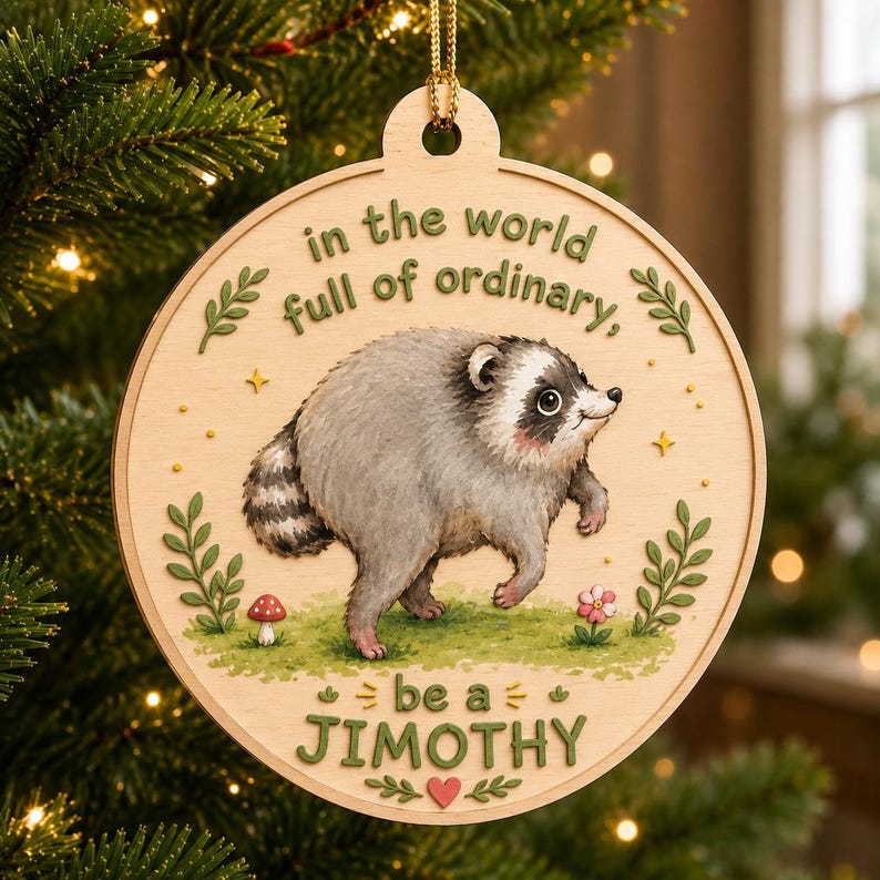 Puede incluir: Un adorno redondo de madera con un mapache pintado sobre hierba verde. El texto dice: "in the world full of ordinary, be a JIMOTHY". El dise&ntilde;o incluye peque&ntilde;as hojas verdes, una seta roja, una flor rosa y un peque&ntilde;o coraz&oacute;n rojo.