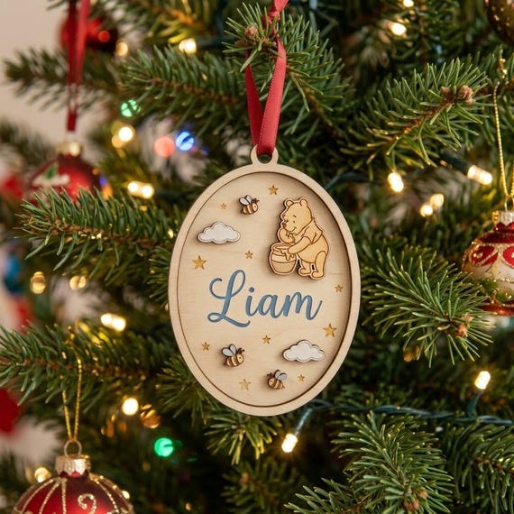 Personalized Disney Pooh Baby Name Ornament, Custom Winnie The Pooh Ornament, Nursery Christmas Tree Decoration, Pooh Wooden Ornament
