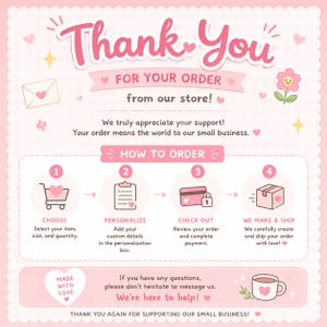 May include: A pink and white thank you card for customers featuring the text Thank You For Your Order from our store. It includes a four-step guide on how to order with icons for choosing, personalizing, checking out, and shipping, plus a help message.
