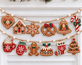 May include: A two-tiered garland featuring wooden ornaments shaped like gingerbread cookies, including a heart, house, snowflake, pretzel, bell, candy cane, mug, mitten, gingerbread person, pudding, stocking, and tree, strung on twine with beads.