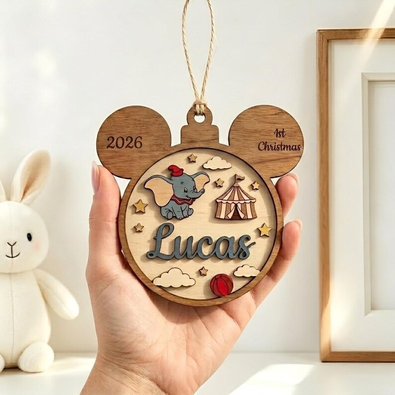 Custom Disney Baby Name Ornament, Dumbo Nursery Ornament, Disney Christmas Tree Wooden Ornament image 2
