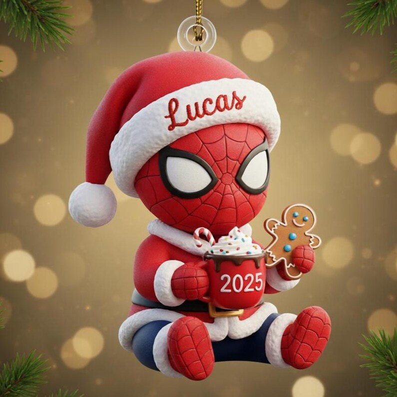 May include: A Christmas ornament featuring a Spider-Man character in a Santa hat with the name "Lucas". The ornament holds a mug with "2025" and a gingerbread man. The ornament is red, white, and blue.