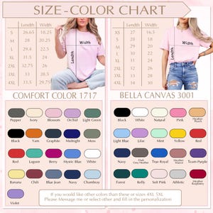 K&ouml;nnte beinhalten: Gr&ouml;&szlig;en- und Farbtabelle f&uuml;r T-Shirts, mit Ma&szlig;en in cm und einer gro&szlig;en Auswahl an Farben. Die Tabelle umfasst die Gr&ouml;&szlig;en XS bis 4XL, mit L&auml;ngen- und Breitenangaben f&uuml;r jede Gr&ouml;&szlig;e. Gezeigt werden zwei Shirt-Stile: Comfort Color 1717 und Bella Canvas 3001.