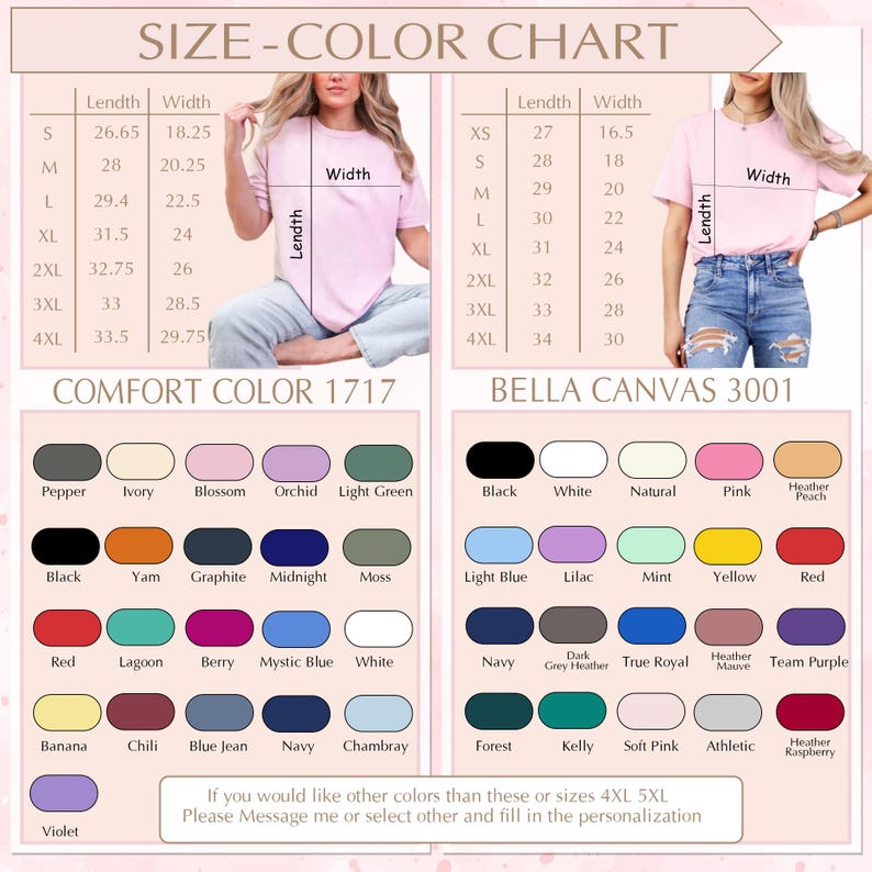 K&ouml;nnte beinhalten: Gr&ouml;&szlig;en- und Farbtabelle f&uuml;r T-Shirts, mit Ma&szlig;en in cm und einer gro&szlig;en Auswahl an Farben. Die Tabelle umfasst die Gr&ouml;&szlig;en XS bis 4XL, mit L&auml;ngen- und Breitenangaben f&uuml;r jede Gr&ouml;&szlig;e. Gezeigt werden zwei Shirt-Stile: Comfort Color 1717 und Bella Canvas 3001.